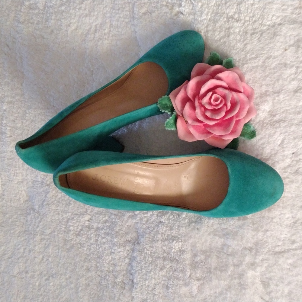 J Crew Vivid Jade Suede Heels Size 8